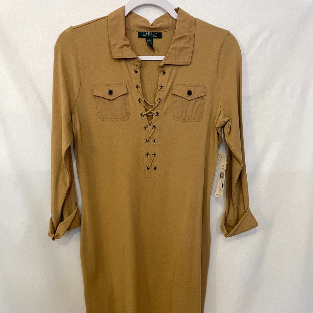 Lauren Ralph Lauren. Khaki 3/4 sleeve dress. Sz S. NWT.